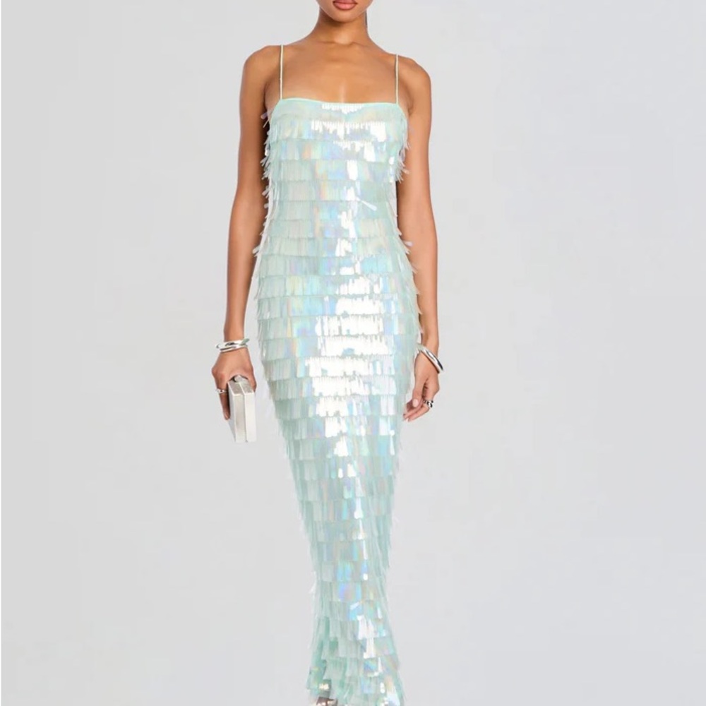 Retrofete Iridescent Light Blue Sequin Fringe Maxi Dress